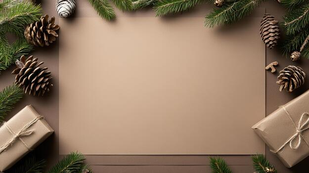 Christmas frame with gifts and fir branches on brown background photo