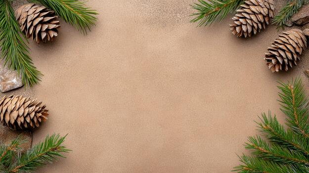 Christmas frame with fir branches and cones on a brown background photo