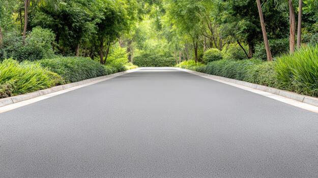 A paved road surrounded by trees and bushes photo