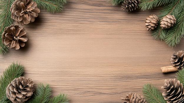 Christmas frame with fir branches and pine cones on wooden background photo