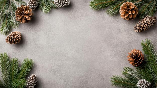 Christmas frame with fir branches and cones on concrete background photo