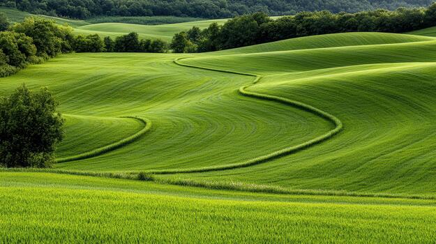 A green field with a winding path photo