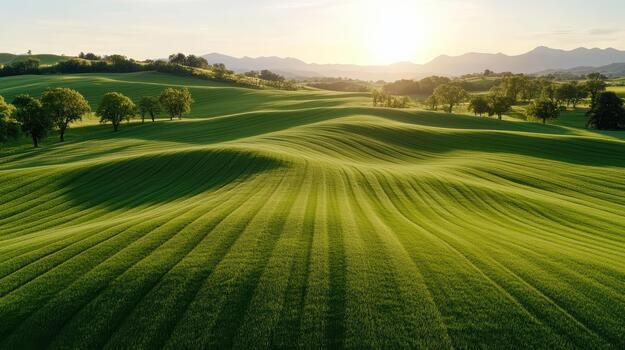 Green fields and trees in the sun photo