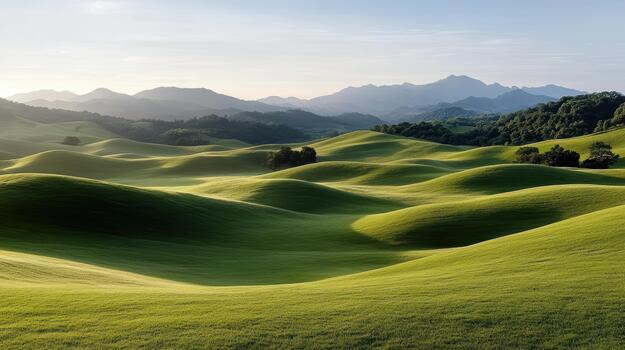 A green field with hills and mountains in the background photo