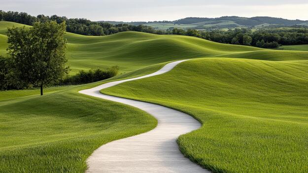 A path that is winding through a green field photo