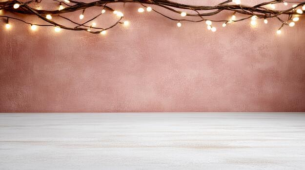 An empty room with a pink wall and string lights photo