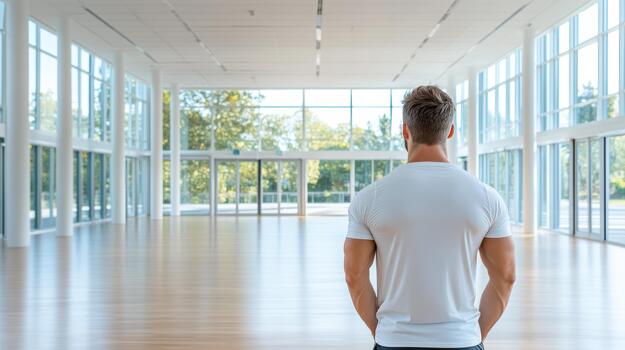 A man standing in an empty room looking out photo