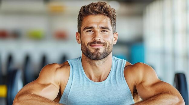 A man with a beard and a tank top is sitting in a gym photo