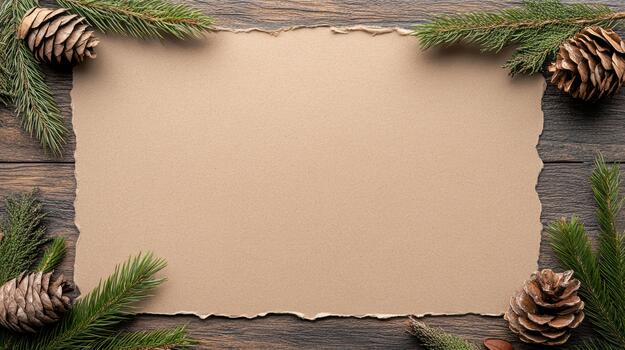 A piece of paper with pine cones and fir branches on a wooden table photo