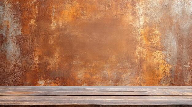 Wooden table in front of rustic wall photo