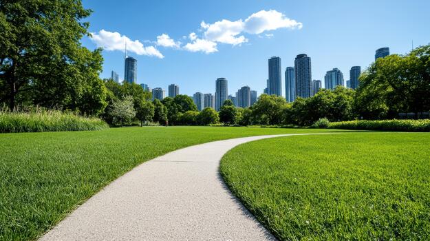 A pathway in a park with tall buildings in the background photo