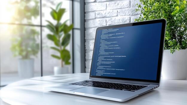 Laptop with code on screen on white table photo