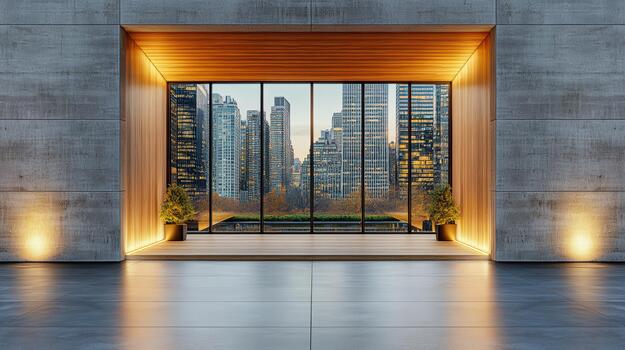 A large window in a concrete building with city lights photo