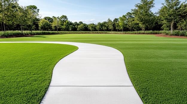 A grassy field with a sidewalk and a tree photo