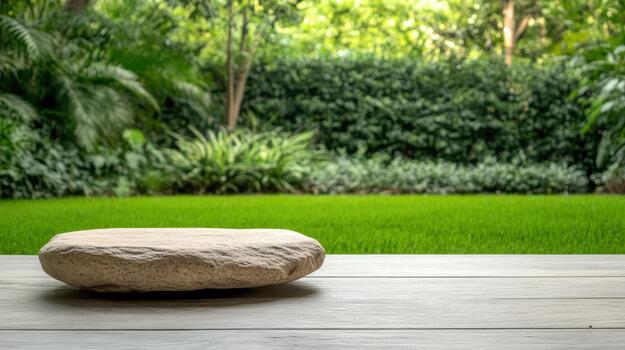A stone sitting on a wooden table in front of a green lawn photo