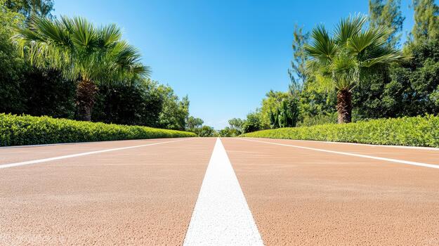 A running track with white lines and palm trees photo