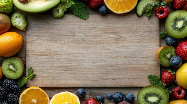 Fruit and vegetables on wooden background with blank space for text photo