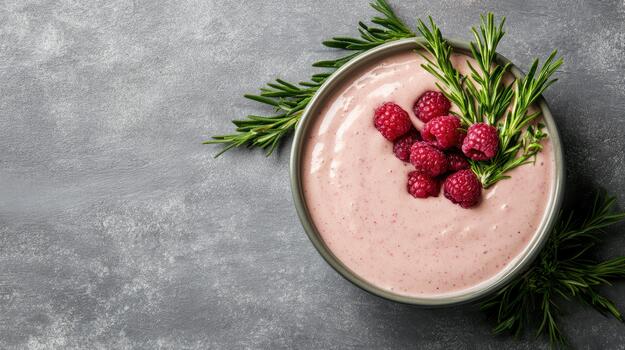 Raspberry smoothie with rosemary on a gray background top view photo