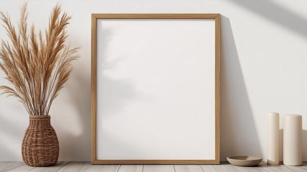A blank frame with a vase on a wooden floor photo