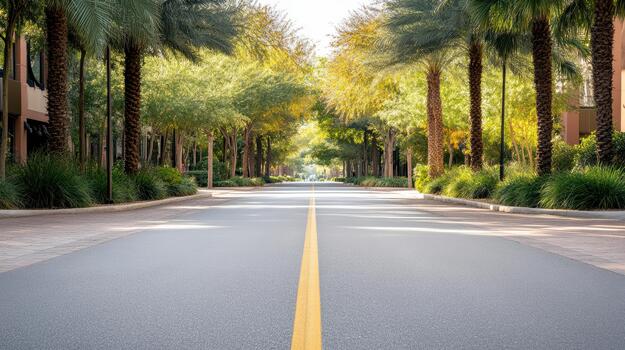 A long empty street lined with palm trees photo
