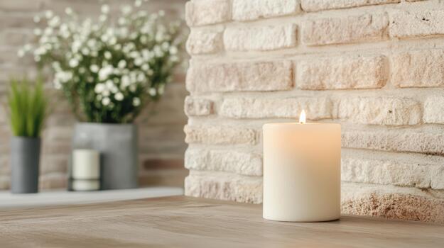A white candle sits on a table in front of a brick wall photo