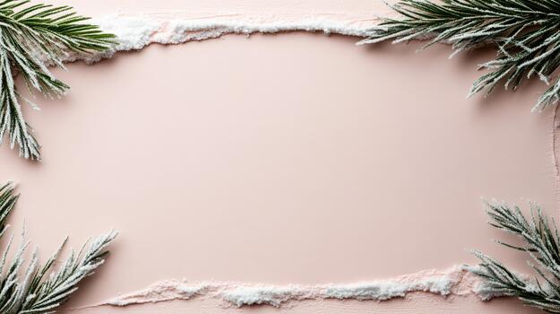 Christmas frame with snow and fir branches on pink background photo