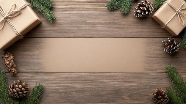 Christmas gift boxes and fir branches on wooden table with copy space for text photo