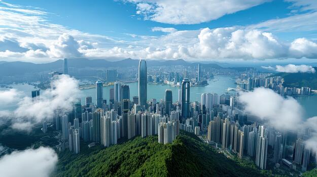 Hong kong skyline with clouds and mountains photo