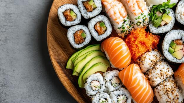 Sushi on a wooden plate with different types of sushi photo