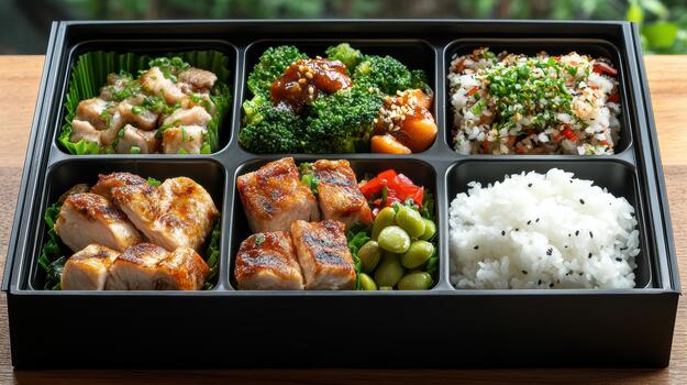 A black box with four different types of food photo