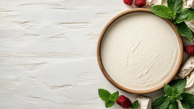 Cream cheese with raspberries and mint on a white table top view photo