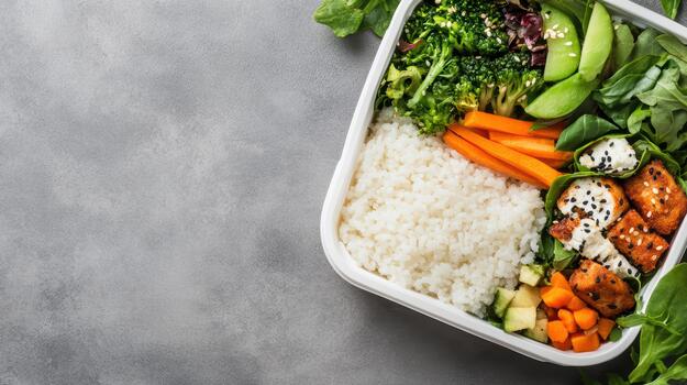 A white container with rice, vegetables and meat photo
