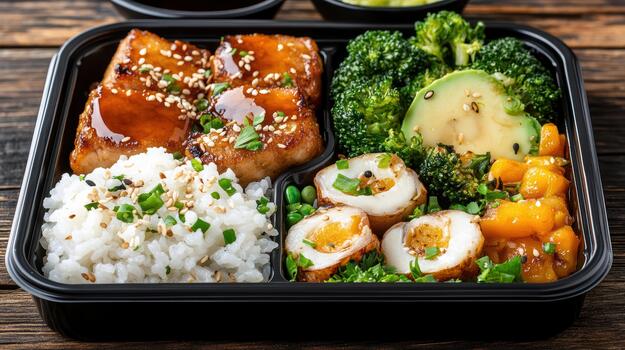 A black container with rice, broccoli, and meat photo
