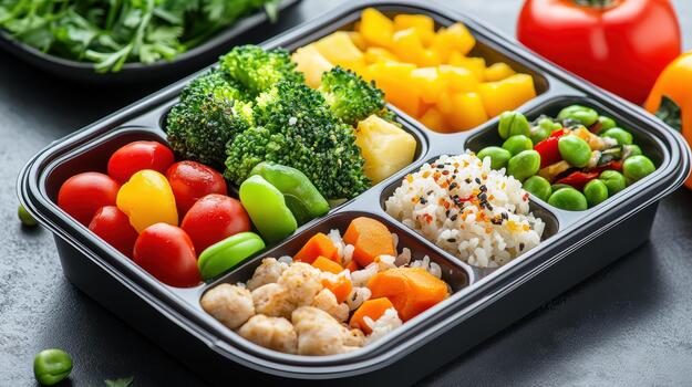 A black container with a variety of vegetables and rice photo