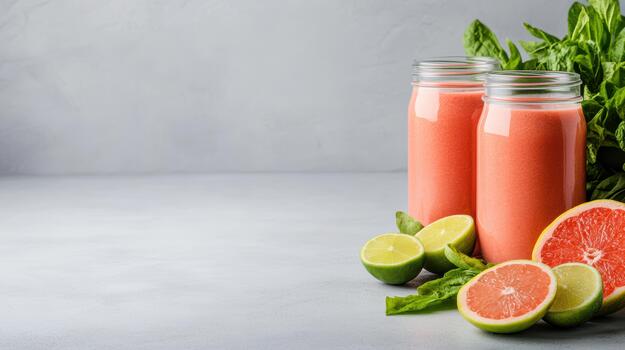 Two glass jars with grapefruit juice and lime slices photo