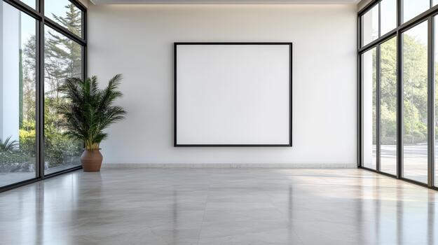 Empty white room with large windows and a blank frame photo