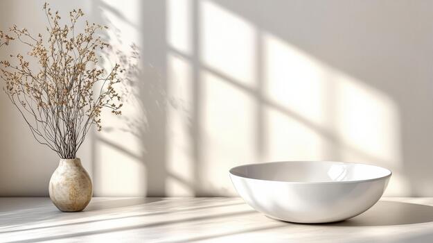 A bowl and vase sit on a table next to a window photo