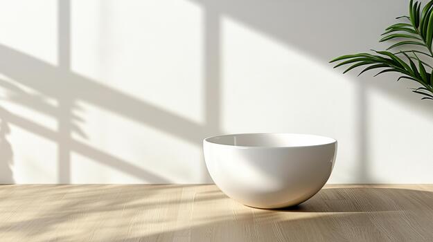 A white cup sitting on a wooden table in front of a window photo