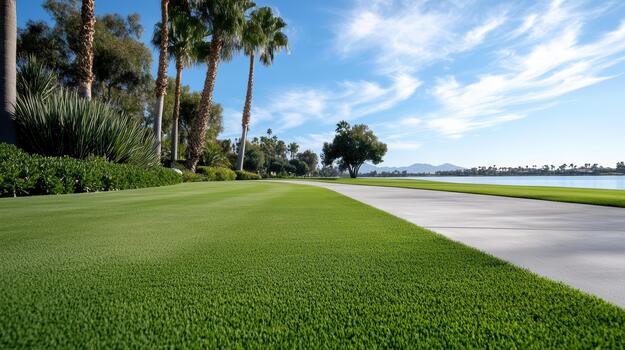 A walkway with grass and palm trees near the water photo