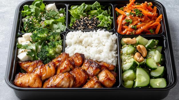 A black container with rice, vegetables, and chicken photo