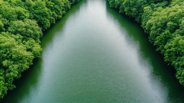 A river running through a green forest photo