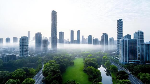 A city with tall buildings and trees in the fog photo