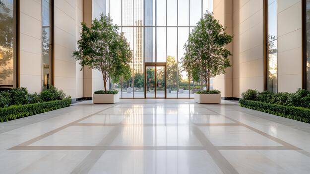 A large lobby with trees and plants photo