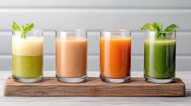 Five different types of juices on a wooden tray photo