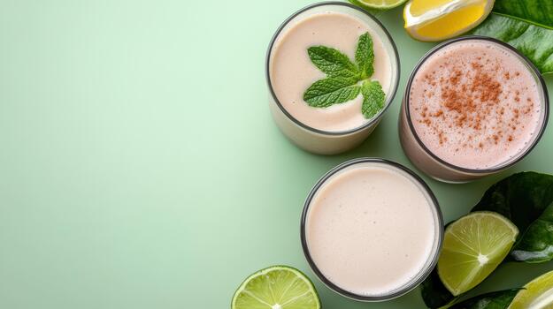 Three different types of smoothies with lime, mint and mint leaves photo