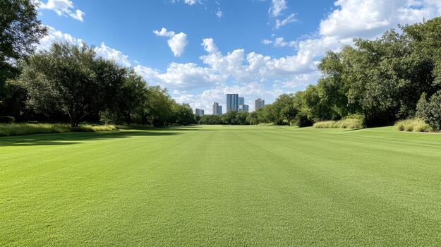 A green field with trees and a city skyline in the background photo