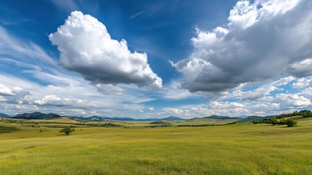 A field with a blue sky and clouds photo
