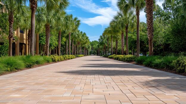 A walkway lined with palm trees and bushes photo