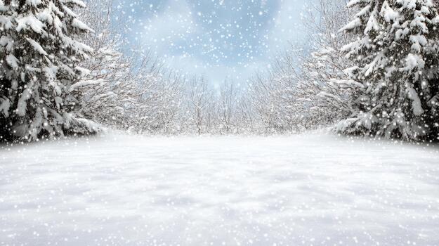 Winter landscape with snow falling on trees photo