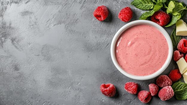Raspberry smoothie with fresh mint and raspberries on a gray background photo